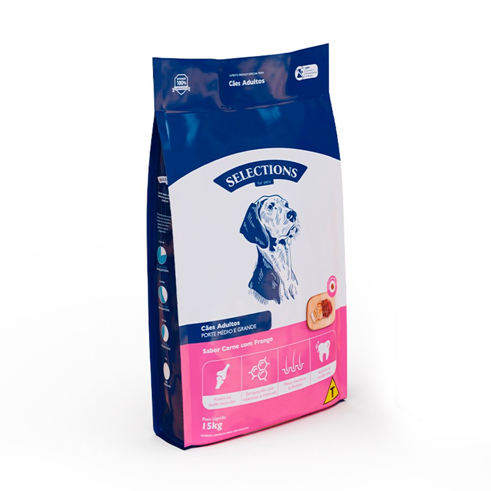 Ração Selections For Pet para Cães Adultos Médios/Grandes Sabor Carne e Frango